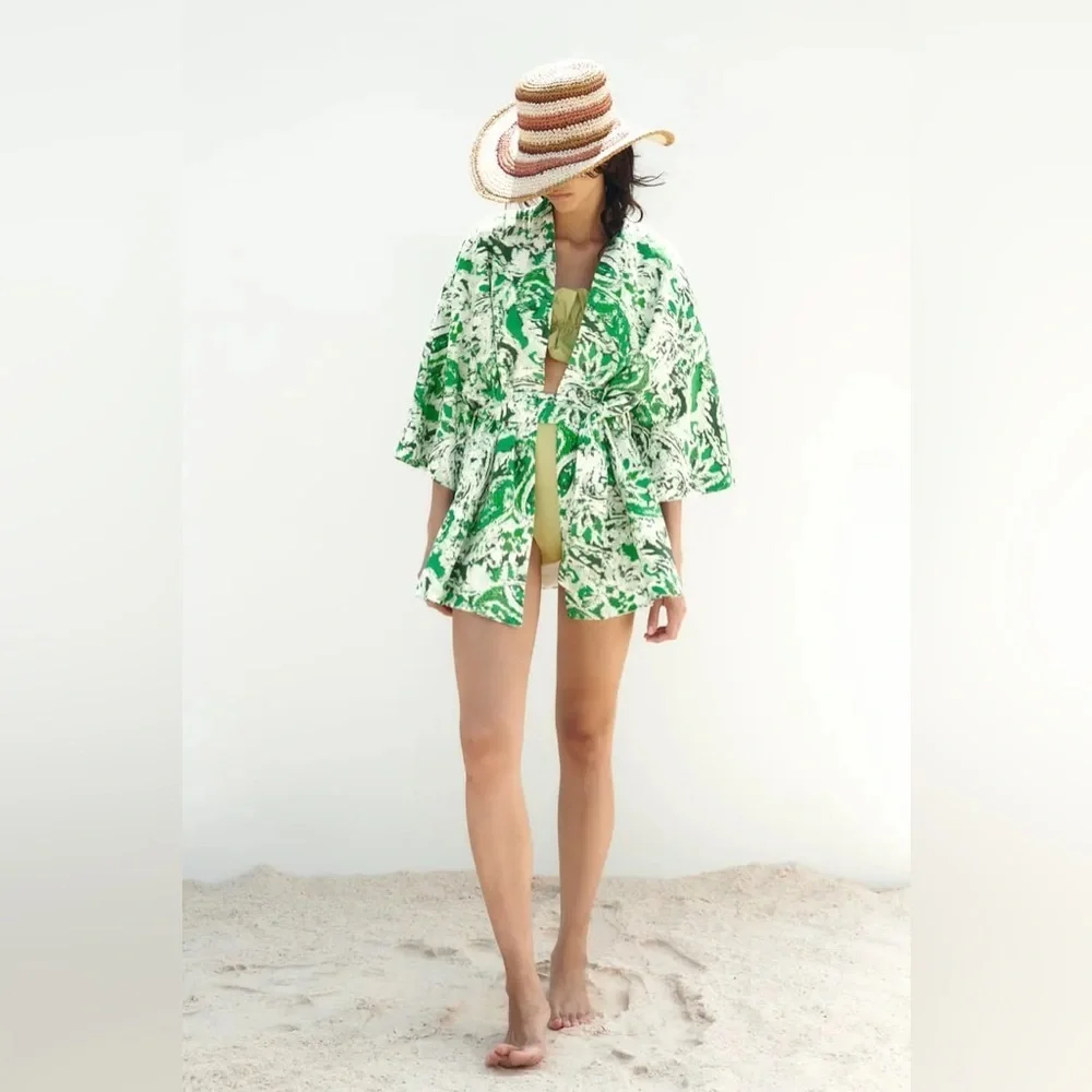 ZARA Linen Blend Printed Kimono Printed ✨ White + Green Size M/L - Picture 4 of 15